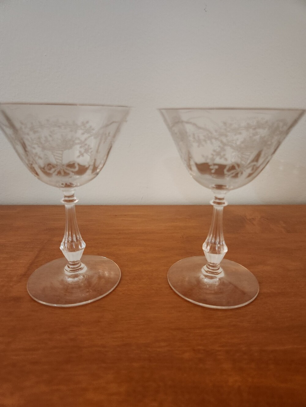 Pair Of Fostoria Corsage Pattern Champagne Glasses - 1935-1959